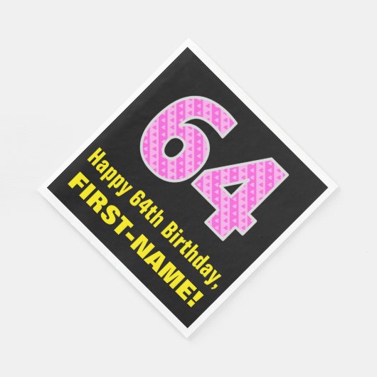 64誕生日:ピンクストライプ色のハートと"64" +名前 スタンダードランチョンナプキン (角)