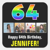 64誕生日:レインボー「64」、写真カスタムと名前 スクエアシール (正面)