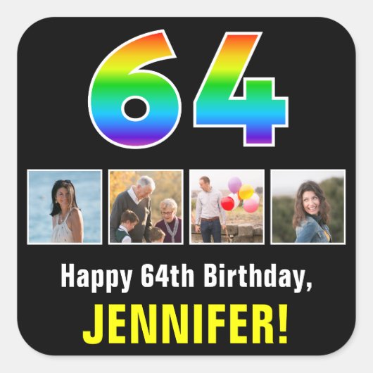 64誕生日:レインボー「64」、写真カスタムと名前 スクエアシール (正面)