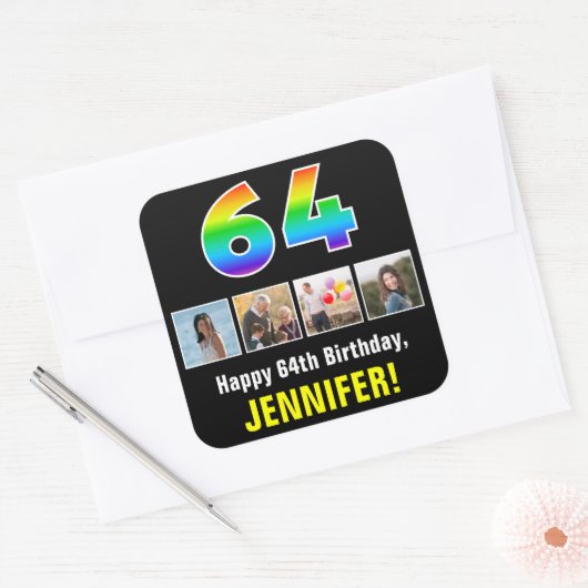 64誕生日:レインボー「64」、写真カスタムと名前 スクエアシール (封筒)