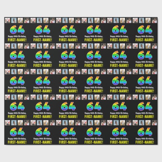 64誕生日:レインボー「64」、写真カスタムと名前 ラッピングペーパー (シーム)