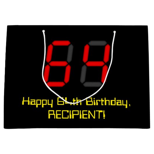 64誕生日：レッドデジタルクロックスタイル「64」 +名前 ラージペーパーバッグ (正面)