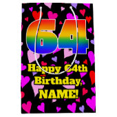 64誕生日：愛するハートパターン、虹# 64 ミディアムペーパーバッグ (正面)