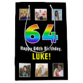 64誕生日: Rainbow "64"，写真カスタムと名前 ミディアムペーパーバッグ (正面)