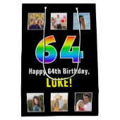 64誕生日: Rainbow "64"，写真カスタムと名前 ミディアムペーパーバッグ (裏面)