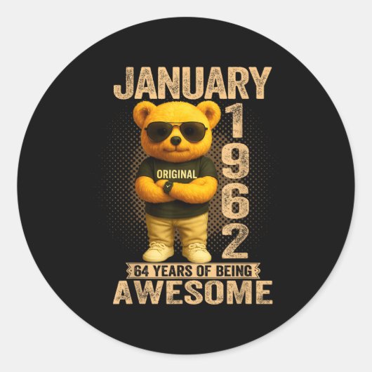64 Year Old January 1962 Teddy Bear 64th Birthday  ラウンドシール (正面)