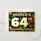 64th誕生日パーティー:, はっきりした Fireworks Look 箔招待状ポストカード (正面/裏面)