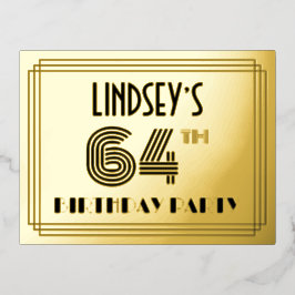 64th誕生日パーティー～アールデコスタイル"64" +名前 箔招待状ポストカード