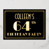 64th誕生日パーティー:アールデコルック"64"、名前 箔招待状 (正面)