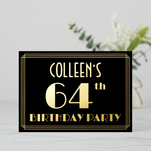 64th誕生日パーティー:アールデコルック"64"、名前 箔招待状 (立ち正面)