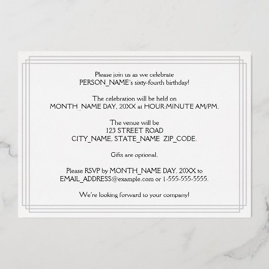 64th誕生日パーティー:アールデコルック"64"、名前 箔招待状 (裏面)