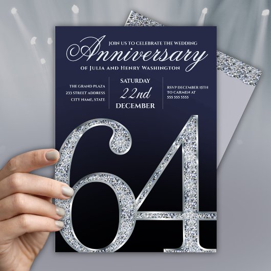 64th Anniversary Diamond Silver Navy Blue Modern 招待状