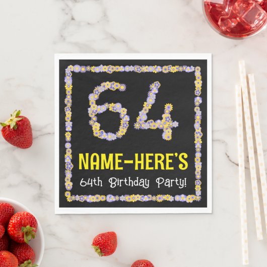 64th Birthday: Floral Flowers Number, Custom Name スタンダードランチョンナプキン (インサイチュ)