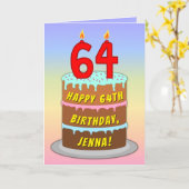 64th Birthday — Fun Cake & Candles, w/ Custom Name カード (黄色い花)