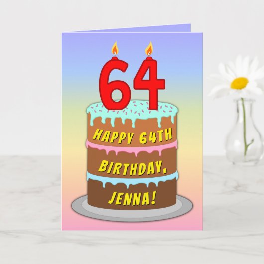 64th Birthday — Fun Cake & Candles, w/ Custom Name カード (小さな植物)