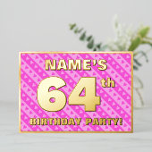 64th Birthday Party —おもしろいピンクハートとストライプ 箔招待状 (立ち正面)
