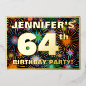 64th Birthday Party —おもしろい、カラフルFireworks Look 箔招待状 (正面)