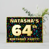 64th Birthday Party —おもしろい、音楽カラフル記号 箔招待状 (立ち正面)