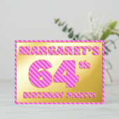 64th Birthday Party — はっきりした、おもしろい、ピンクストライプ色64 箔招待状 (立ち正面)