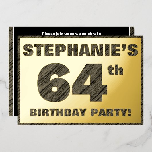 64th Birthday Party — はっきりしたWood Grainフェイク文字 箔招待状 (正面/裏面)