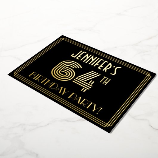 64th Birthday Party —アールデコスタイル「64」 +名前 箔招待状 (回転した状態)