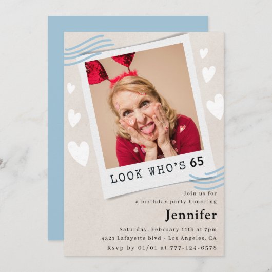65おもしろい歳の誕生日招待状写真Look who's 招待状 (正面/裏面)