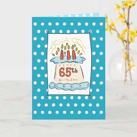 65お誕生日ケーキオンブルーティール(緑がかった色)ドット付き カード (黄色い花)