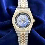 65エレガントth Blue Sapphire 結婚's Anniversary 腕時計<br><div class="desc">祝第65回ブルー結婚サファイア記念時計！サファイヤエレガントブルーの背景に六角形紙吹雪を持つレタリングは、この特別な機会と特別なマイルストーンのために思い出に残るtouchを追加する。夫婦カスタマイズの名前、結婚年月日、祝辞を添えて。デザイン© W.H.シム。詳細については、zazzle.com/expressionsoccasionsを参照</div>