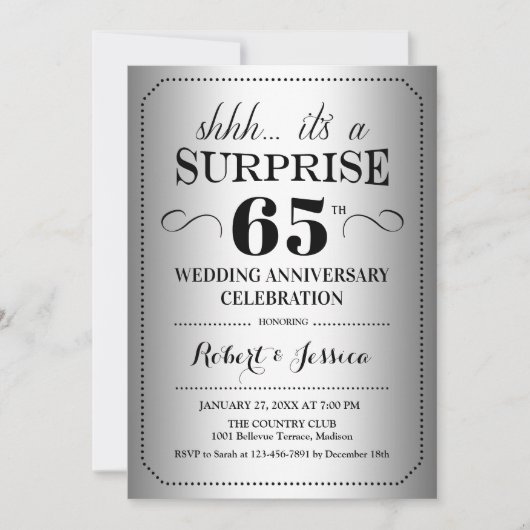 65周年結婚記念日のサプライズ - シルバー ブラック 招待状 (正面)