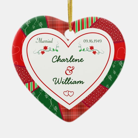 65周年記念クリスマスキルトハートギフト セラミックオーナメント (正面)