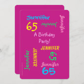 65年の若いホットピンクの誕生日パーティーへの招待 招待状 (正面/裏面)
