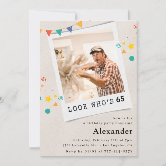 65歳おもしろいの誕生日招待状メンズおもしろい写真 招待状 (正面)