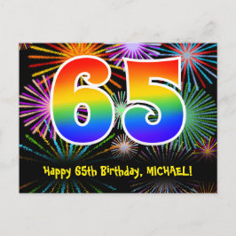 65歳の誕生日おめでとう 楽しい花火模様+虹色65 ポストカード