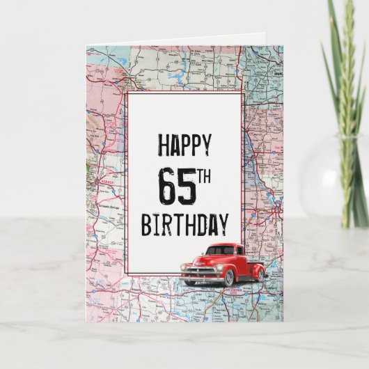 65歳の誕生日お祝いレトロな赤いトラックと地図 カード (正面)