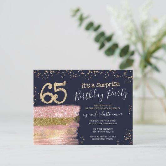 65歳の誕生日グリッターケーキサプライズパーティーポストカード ポストカード (スタンド正面)