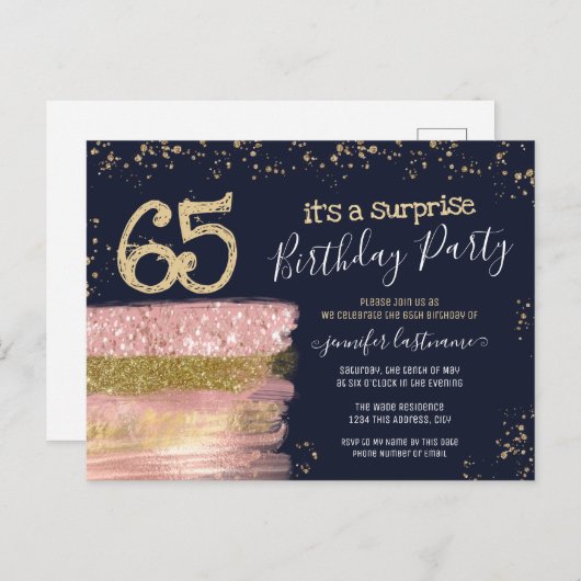 65歳の誕生日グリッターケーキサプライズパーティーポストカード ポストカード (正面/裏面)