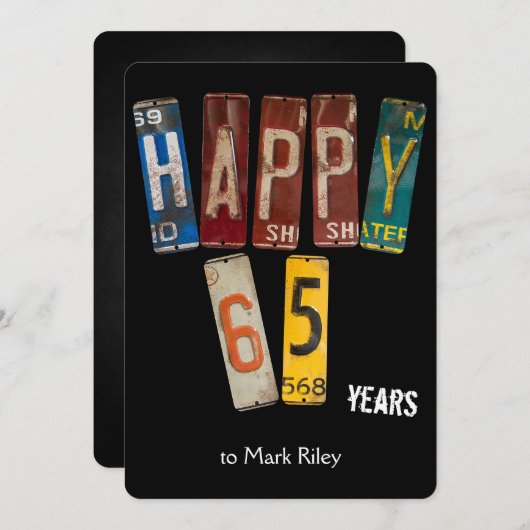 65歳の誕生日パーティーの古いライセンスプレート 招待状 (正面/裏面)