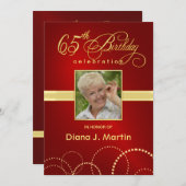 65歳の誕生日パーティー写真招待状 エレガントな赤 招待状 (正面/裏面)