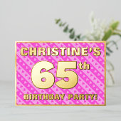 65歳の誕生日パーティー - ピンクのハートとストライプ柄 箔招待状 (立ち正面)