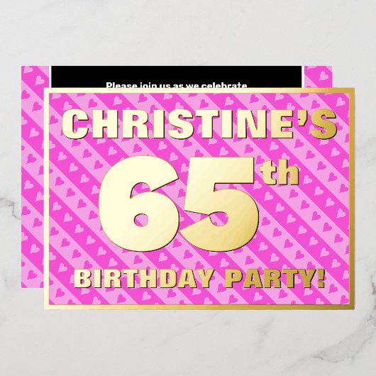 65歳の誕生日パーティー - ピンクのハートとストライプ柄 箔招待状 (正面/裏面)