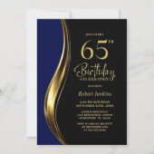 65歳の誕生日パーティー ブラックゴールドブルー 招待状 (正面)