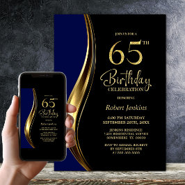 65歳の誕生日パーティー ブラックゴールドブルー 招待状