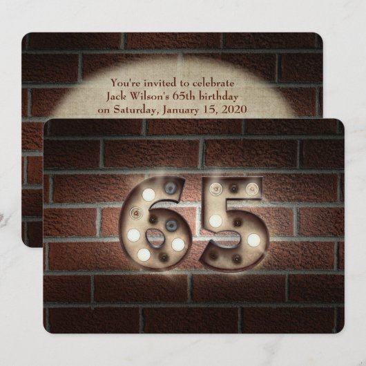 65歳の誕生日パーティー-レンガ壁のマーキーライト 招待状 (正面/裏面)