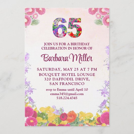 65歳の誕生日パーティ - ブラッシュブルームフラワー65 招待状 (正面)