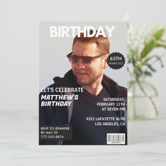 65歳の誕生日招待状メンズヒム誌カバー 招待状 (スタンド正面)