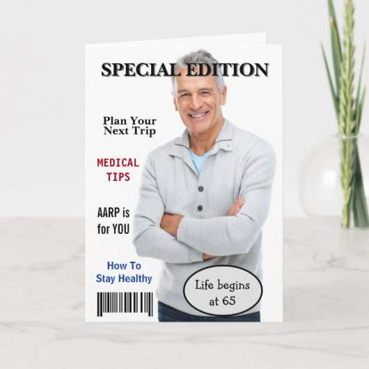 65歳の誕生日記念の雑誌表紙デザイン カード (正面)