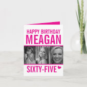 65歳の誕生日3枚の写真ホットピンクとホワイトカード カード (正面)