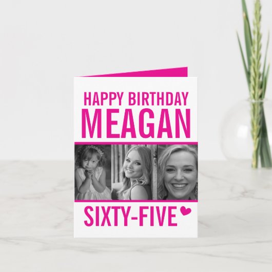 65歳の誕生日3枚の写真ホットピンクとホワイトカード カード (正面)