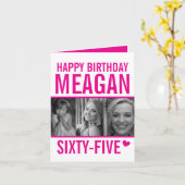 65歳の誕生日3枚の写真ホットピンクとホワイトカード カード (黄色い花)