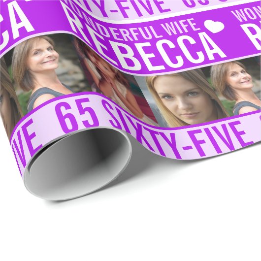 65歳の誕生日3枚の写真紫の素敵な妻 ラッピングペーパー (ロールコーナー)